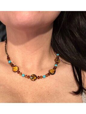 Vintage-Inspired Beaded Necklace With Turquoise & Amber Tones Lobster Clasp Clos